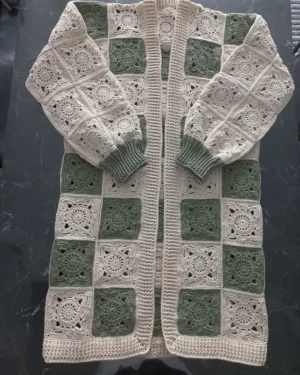 El Yapımı - Yeşil Beyaz Motifli Hırka